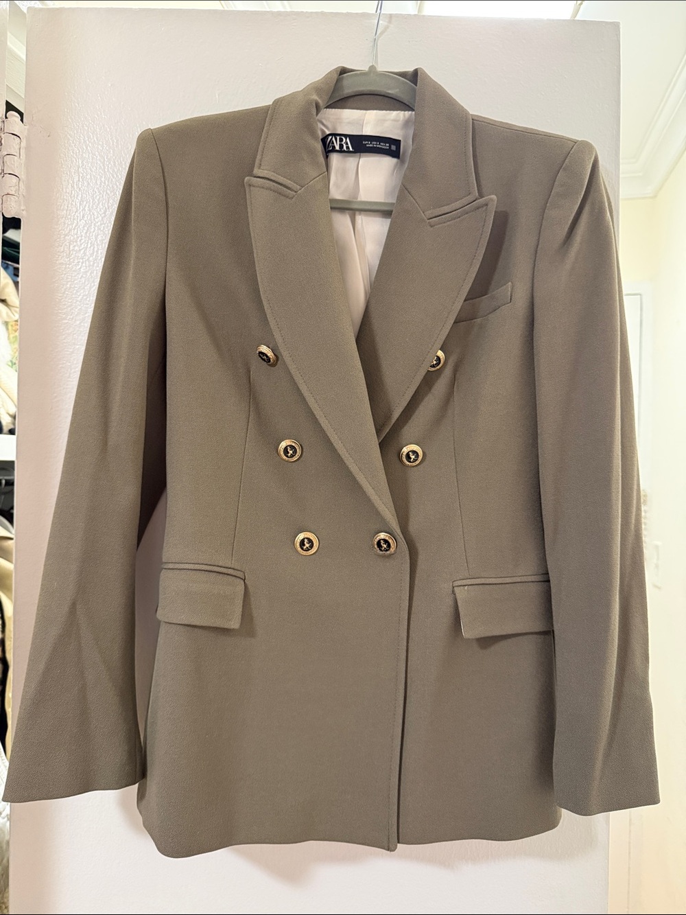 ZARA Double-Breasted Olive Taupe Blazer with Gold Buttons